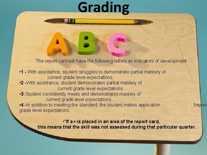 Grading The report card will have the following letters as indicators of development •