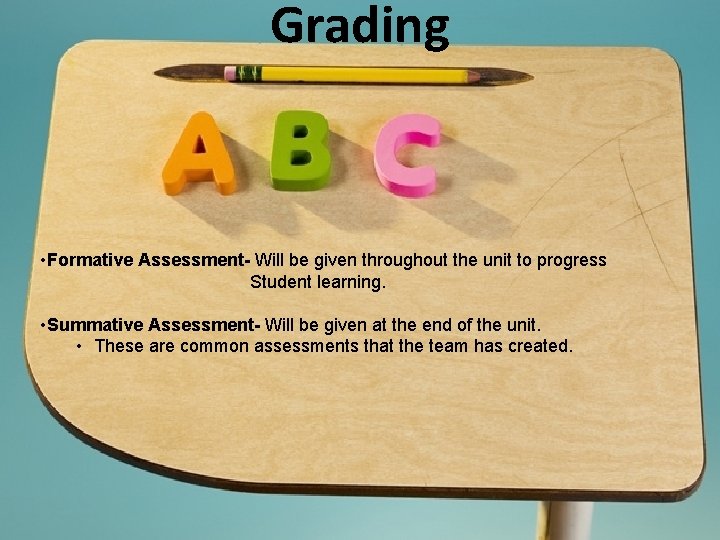Grading • Formative Assessment- Will be given throughout the unit to progress Student learning.