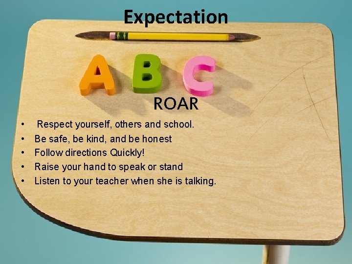 Expectation ROAR • • • Respect yourself, others and school. Be safe, be kind,