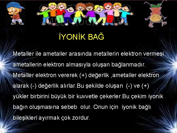 İYONİK BAĞ Metaller ile ametaller arasında metallerin elektron vermesi ametallerin elektron almasıyla oluşan bağlanmadır.