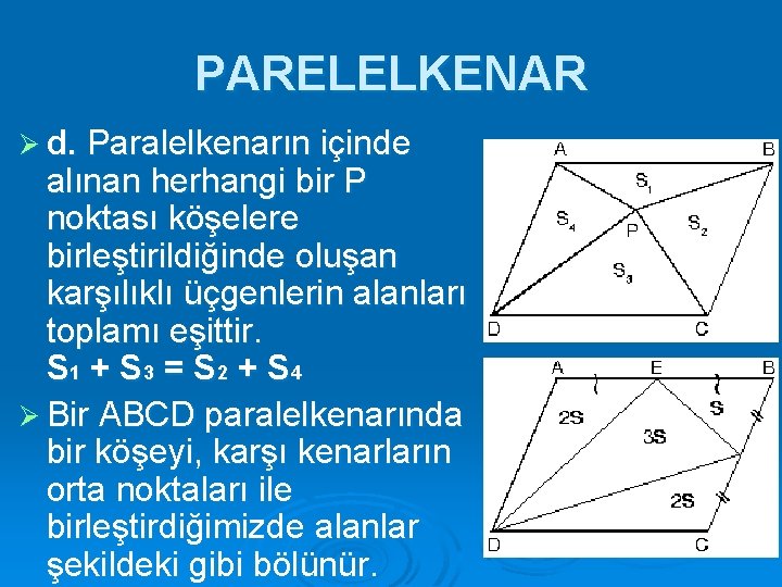 PARELELKENAR Ø d. Paralelkenarın içinde alınan herhangi bir P noktası köşelere birleştirildiğinde oluşan karşılıklı