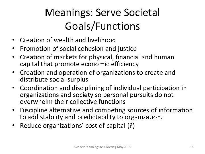 Meanings: Serve Societal Goals/Functions • Creation of wealth and livelihood • Promotion of social