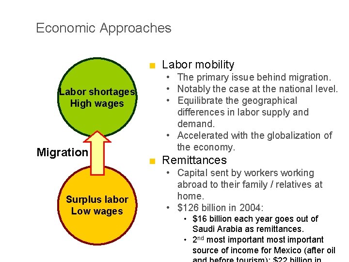 Economic Approaches ■ Labor mobility Labor shortages High wages Migration Surplus labor Low wages
