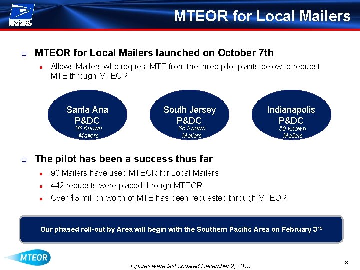 MTEOR for Local Mailers q MTEOR for Local Mailers launched on October 7 th