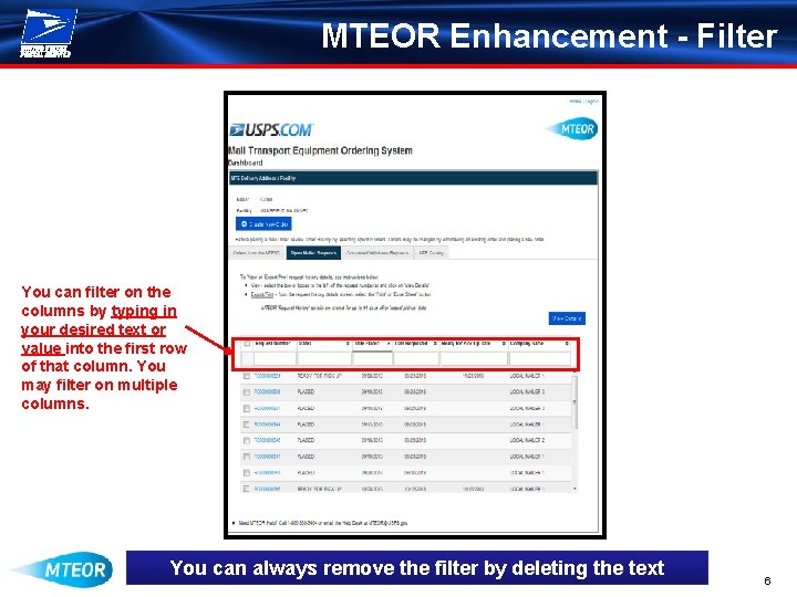 MTEOR Enhancement - Filter You can filter on the columns by typing in your