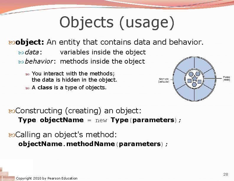 Objects (usage) object: An entity that contains data and behavior. data: variables inside the