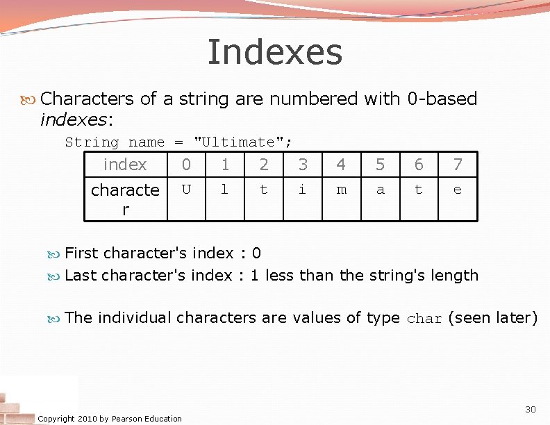 Indexes Characters of a string are numbered with 0 -based indexes: String name =