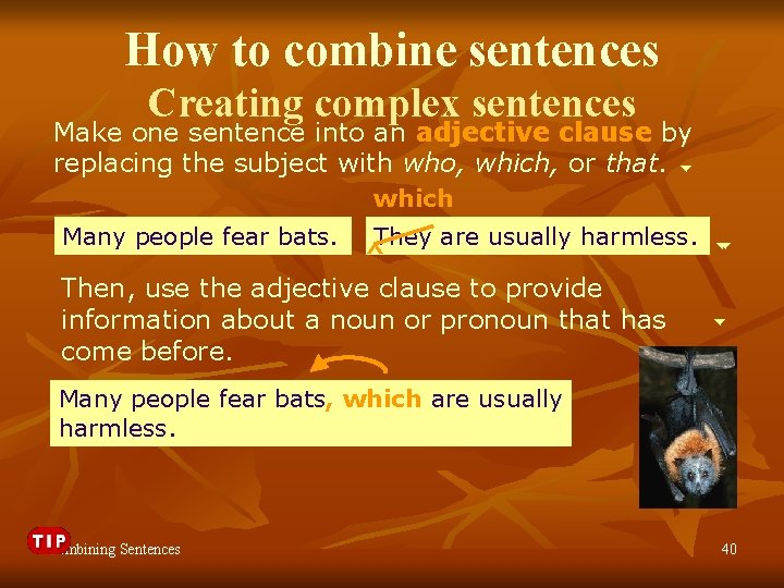 How to combine sentences Creating complex sentences Make one sentence into an adjective clause
