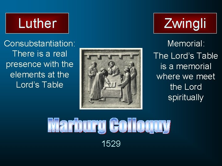 Luther Zwingli Consubstantiation: There is a real presence with the elements at the Lord’s