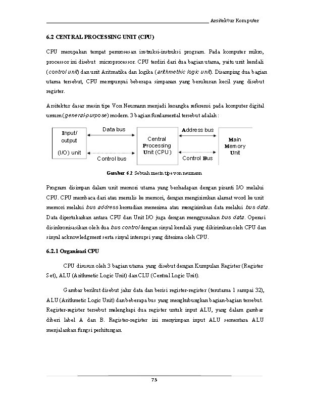 _____________________________ Arsitektur Komputer 6. 2 CENTRAL PROCESSING UNIT (CPU) CPU merupakan tempat pemrosesan instruksi-instruksi