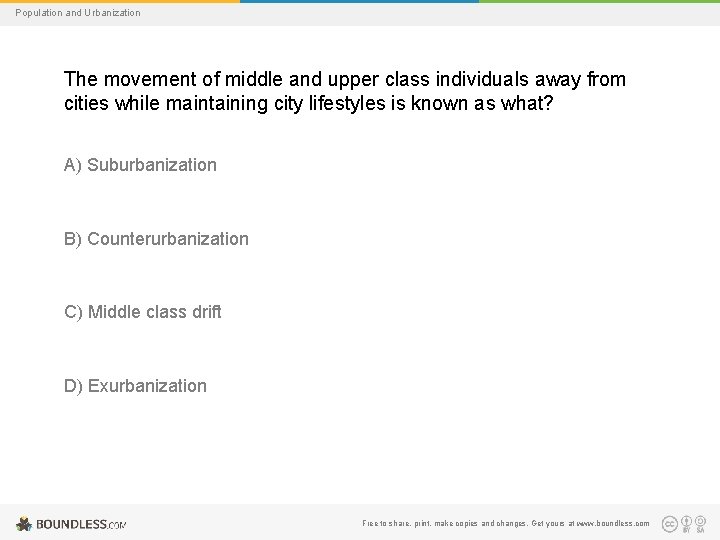 Population and Urbanization The movement of middle and upper class individuals away from cities