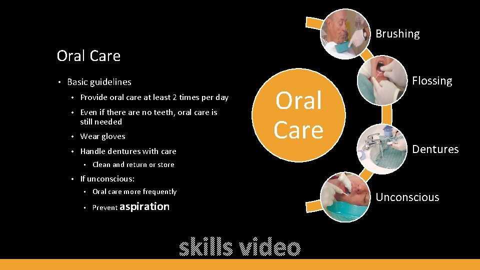 Brushing Oral Care • Basic guidelines • Provide oral care at least 2 times