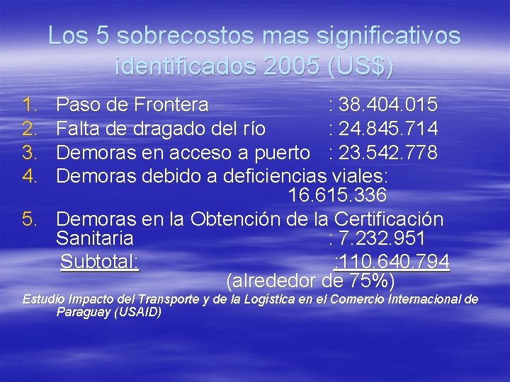 Los 5 sobrecostos mas significativos identificados 2005 (US$) 1. 2. 3. 4. Paso de