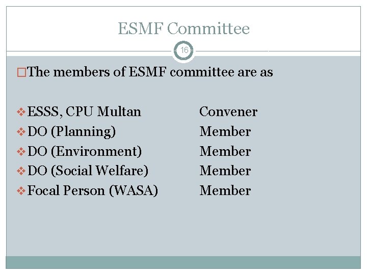 ESMF Committee 16 �The members of ESMF committee are as v ESSS, CPU Multan