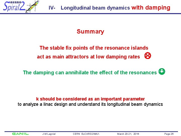 IV- Longitudinal beam dynamics with damping Summary The stable fix points of the resonance
