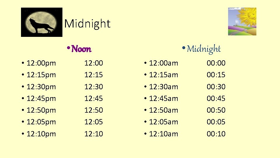 Noon & Midnight • Noon • 12: 00 pm • 12: 15 pm • Noon & Midnight • Noon • 12: 00 pm • 12: 15 pm •