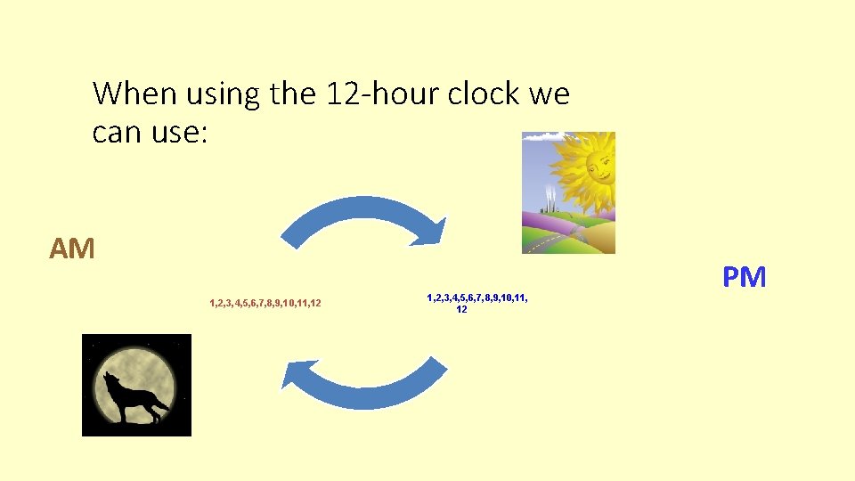 When using the 12 -hour clock we can use: AM 1, 2, 3, 4, When using the 12 -hour clock we can use: AM 1, 2, 3, 4,
