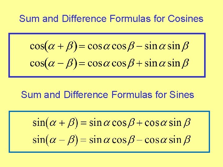 Sum and Difference Formulas for Cosines Sum and Difference Formulas for Sines 