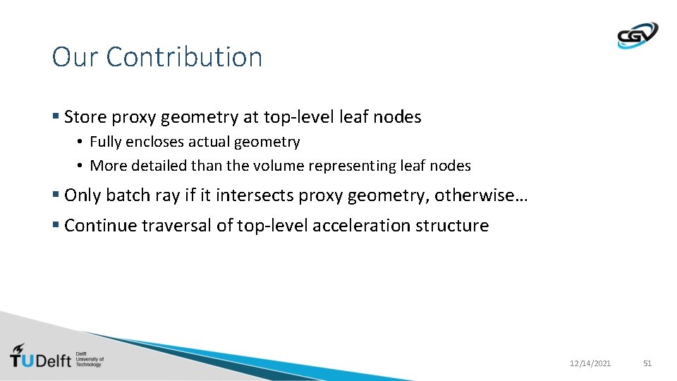 Our Contribution § Store proxy geometry at top-level leaf nodes • Fully encloses actual