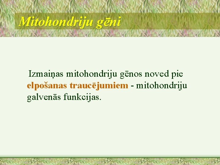 Mitohondriju gēni Izmaiņas mitohondriju gēnos noved pie elpošanas traucējumiem - mitohondriju galvenās funkcijas. 