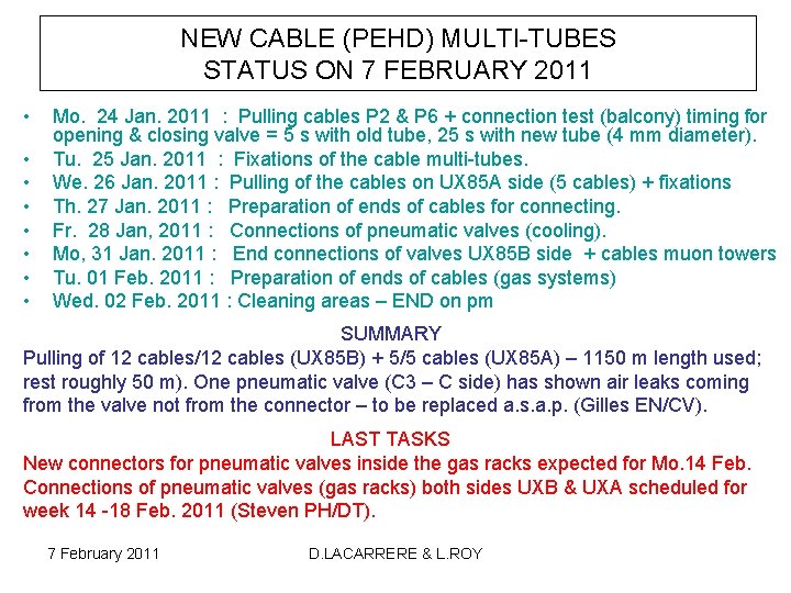 NEW CABLE (PEHD) MULTI-TUBES STATUS ON 7 FEBRUARY 2011 • • Mo. 24 Jan.