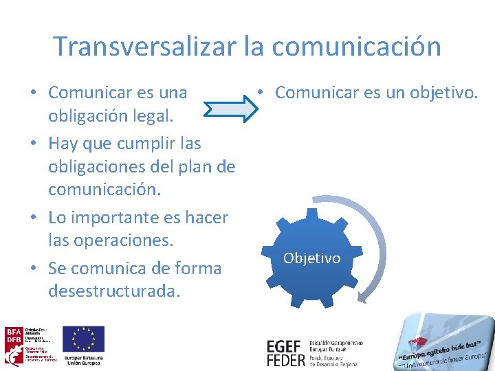 Transversalizar la comunicación • Comunicar es una obligación legal. • Hay que cumplir las