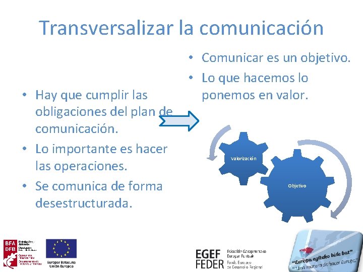 Transversalizar la comunicación • Comunicar es una obligación legal. • Hay que cumplir las