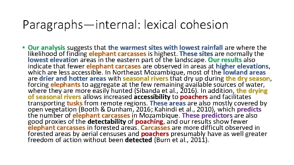 Paragraphs—internal: lexical cohesion • Our analysis suggests that the warmest sites with lowest rainfall