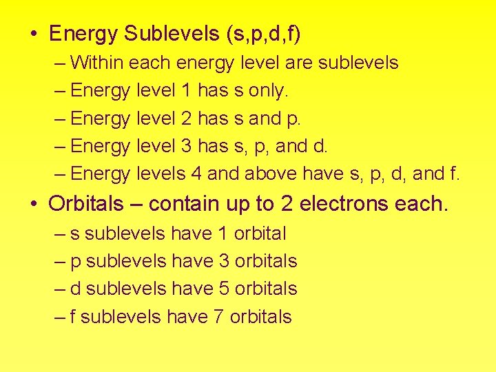  • Energy Sublevels (s, p, d, f) – Within each energy level are