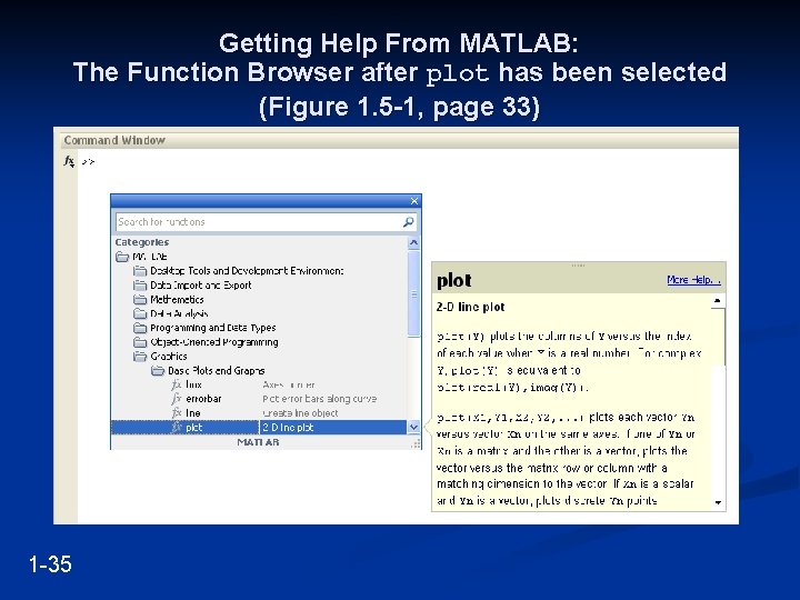 Getting Help From MATLAB: The Function Browser after plot has been selected (Figure 1.