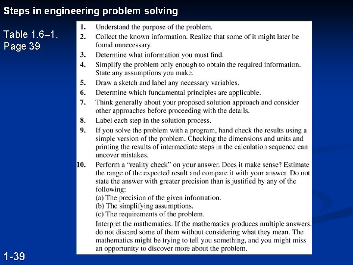 Steps in engineering problem solving Table 1. 6– 1, Page 39 1 -39 