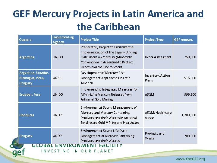 GEF Mercury Projects in Latin America and the Caribbean Country Argentina, Ecuador, Nicaragua, Peru,