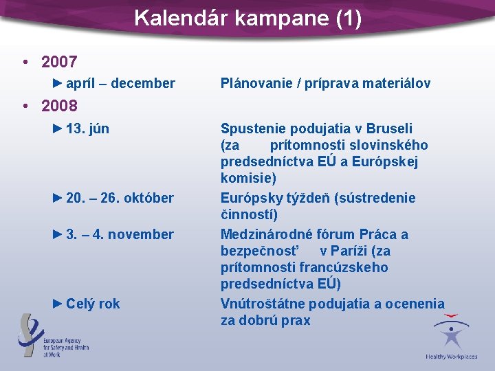 Kalendár kampane (1) • 2007 ► apríl – december Plánovanie / príprava materiálov •