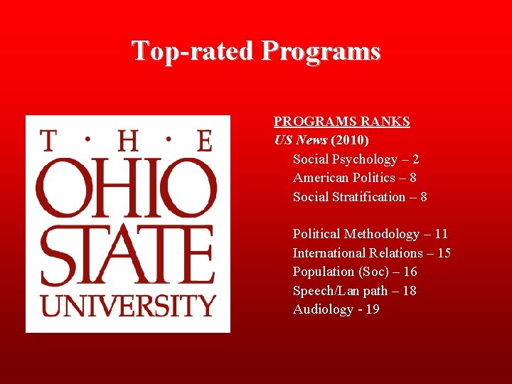 Top-rated Programs PROGRAMS RANKS US News (2010) Social Psychology – 2 American Politics –