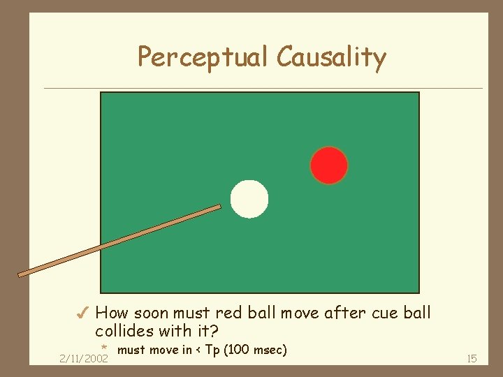 Perceptual Causality 4 How soon must red ball move after cue ball collides with