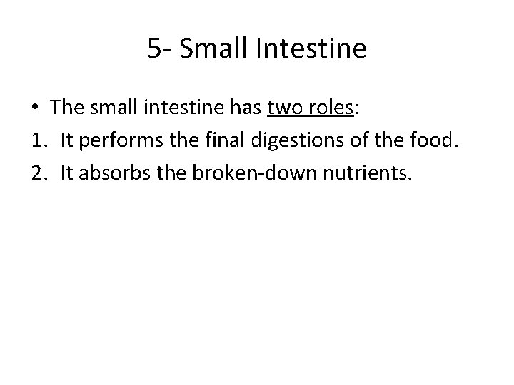5 - Small Intestine • The small intestine has two roles: 1. It performs 5 - Small Intestine • The small intestine has two roles: 1. It performs