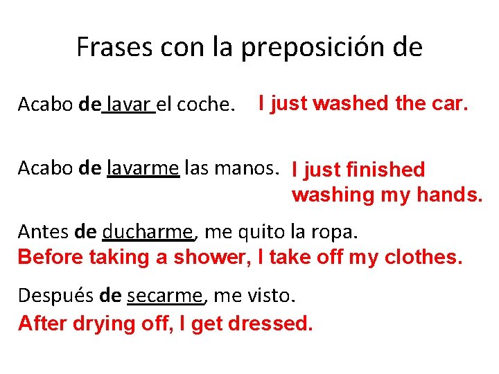 Frases con la preposición de Acabo de lavar el coche. I just washed the