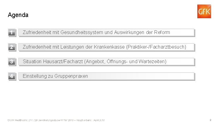 Agenda 1 Zufriedenheit mit Gesundheitssystem und Auswirkungen der Reform 2 Zufriedenheit mit Leistungen der