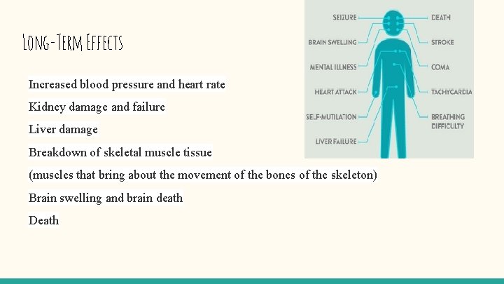 Long-Term Effects Increased blood pressure and heart rate Kidney damage and failure Liver damage