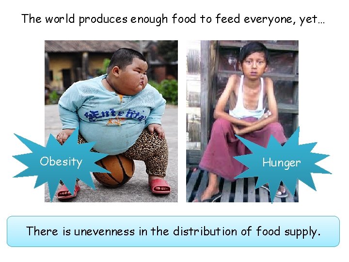 The world produces enough food to feed everyone, yet… Obesity Hunger There is unevenness