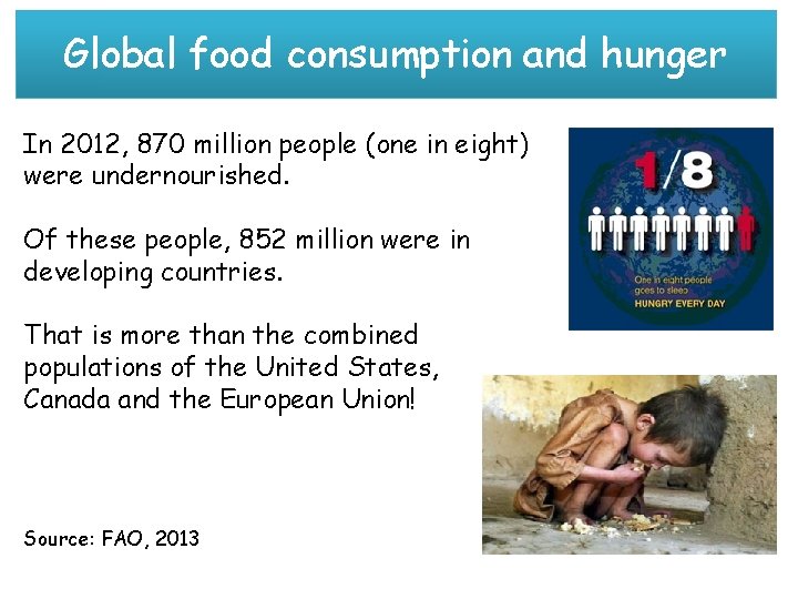 Global food consumption and hunger In 2012, 870 million people (one in eight) were