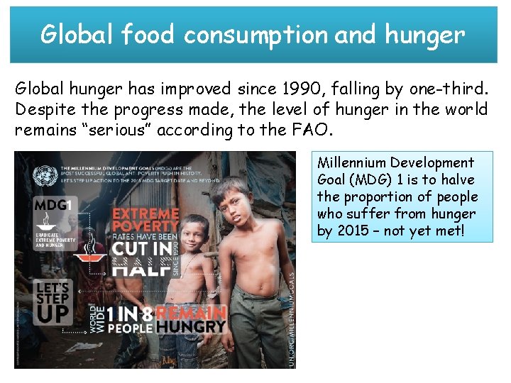 Global food consumption and hunger Global hunger has improved since 1990, falling by one-third.