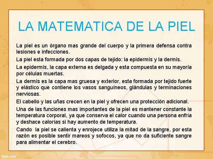 LA MATEMATICA DE LA PIEL La piel es un órgano mas grande del cuerpo