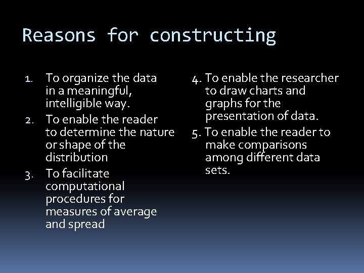Reasons for constructing 1. To organize the data in a meaningful, intelligible way. 2.
