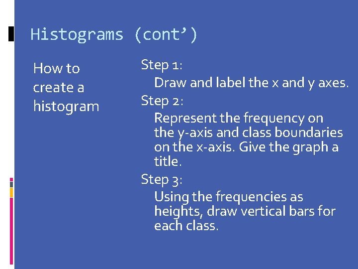 Histograms (cont’) How to create a histogram Step 1: Draw and label the x