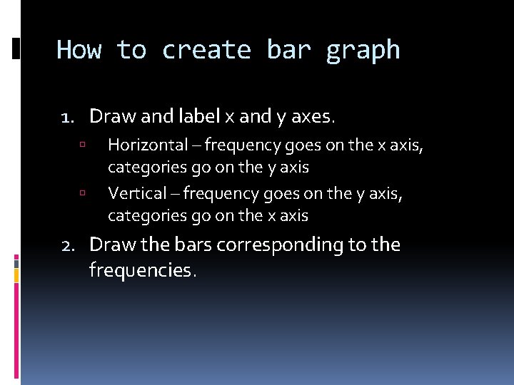 How to create bar graph 1. Draw and label x and y axes. Horizontal