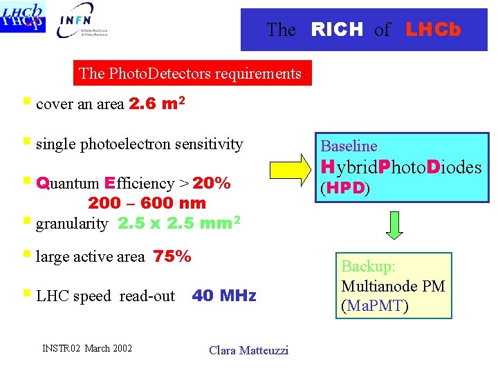 The RICH of LHCb The Photo. Detectors requirements: § cover an area 2. 6