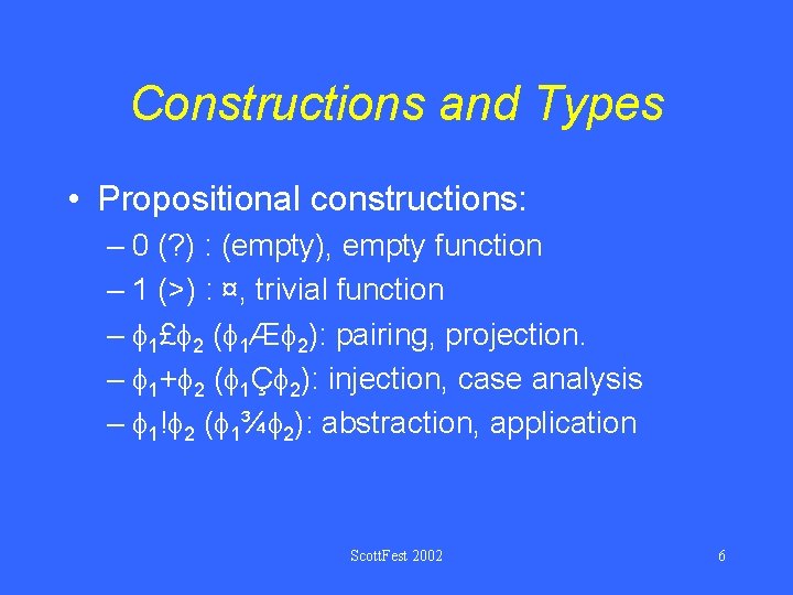 Constructions and Types • Propositional constructions: – 0 (? ) : (empty), empty function