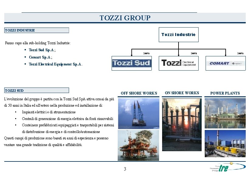 TOZZI GROUP TOZZI INDUSTRIE Tozzi Industrie Fanno capo alla sub-holding Tozzi Industrie: § Tozzi