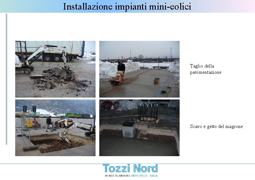 Installazione impianti mini-eolici Taglio della pavimentazione Scavo e getto del magrone 